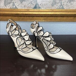 Manolo Blahnik Ivory and Black Leaf Heels